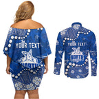 Personalized North Melbourne Kangaroos Couples Matching Off Shoulder Short Dress and Long Sleeve Button Shirt Aboriginal Pattern with Graffiti Style