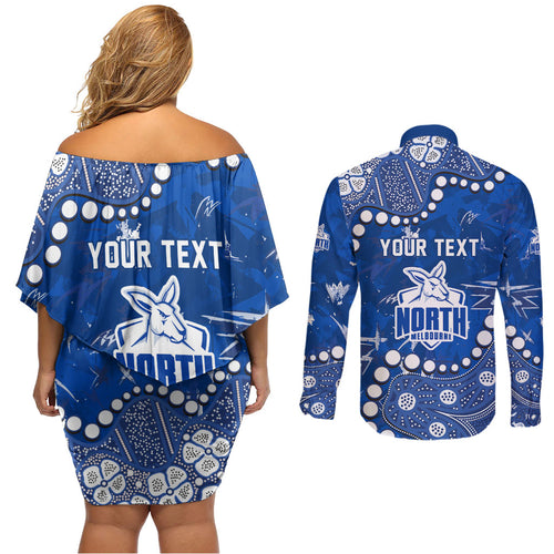 Personalized North Melbourne Kangaroos Couples Matching Off Shoulder Short Dress and Long Sleeve Button Shirt Aboriginal Pattern with Graffiti Style
