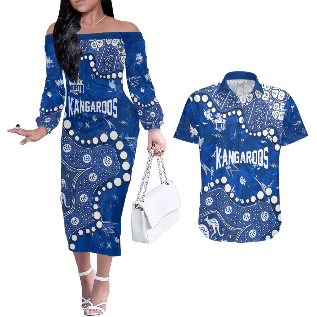 Personalized North Melbourne Kangaroos Couples Matching Off The Shoulder Long Sleeve Dress and Hawaiian Shirt Aboriginal Pattern with Graffiti Style