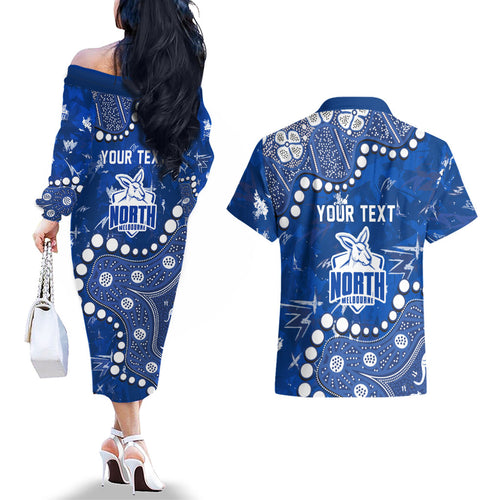 Personalized North Melbourne Kangaroos Couples Matching Off The Shoulder Long Sleeve Dress and Hawaiian Shirt Aboriginal Pattern with Graffiti Style