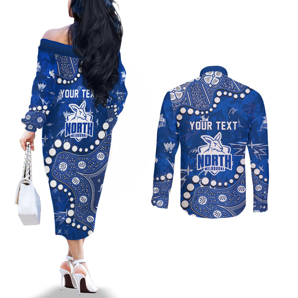 Personalized North Melbourne Kangaroos Couples Matching Off The Shoulder Long Sleeve Dress and Long Sleeve Button Shirt Aboriginal Pattern with Graffiti Style