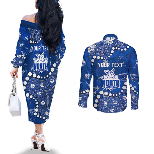 Personalized North Melbourne Kangaroos Couples Matching Off The Shoulder Long Sleeve Dress and Long Sleeve Button Shirt Aboriginal Pattern with Graffiti Style