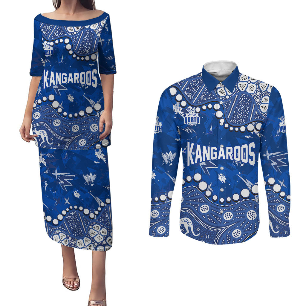 Personalized North Melbourne Kangaroos Couples Matching Puletasi and Long Sleeve Button Shirt Aboriginal Pattern with Graffiti Style
