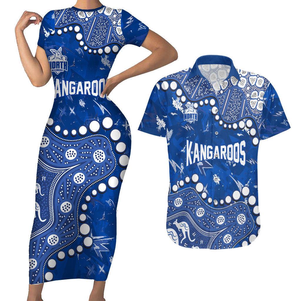 Personalized North Melbourne Kangaroos Couples Matching Short Sleeve Bodycon Dress and Hawaiian Shirt Aboriginal Pattern with Graffiti Style