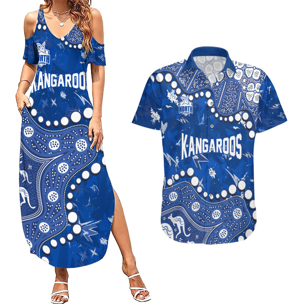 Personalized North Melbourne Kangaroos Couples Matching Summer Maxi Dress and Hawaiian Shirt Aboriginal Pattern with Graffiti Style
