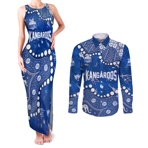 Personalized North Melbourne Kangaroos Couples Matching Tank Maxi Dress and Long Sleeve Button Shirt Aboriginal Pattern with Graffiti Style