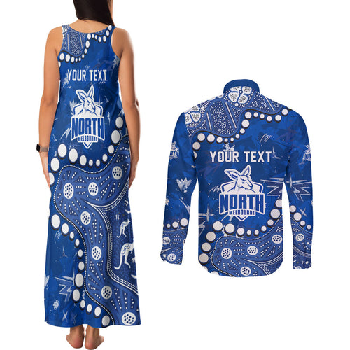 Personalized North Melbourne Kangaroos Couples Matching Tank Maxi Dress and Long Sleeve Button Shirt Aboriginal Pattern with Graffiti Style
