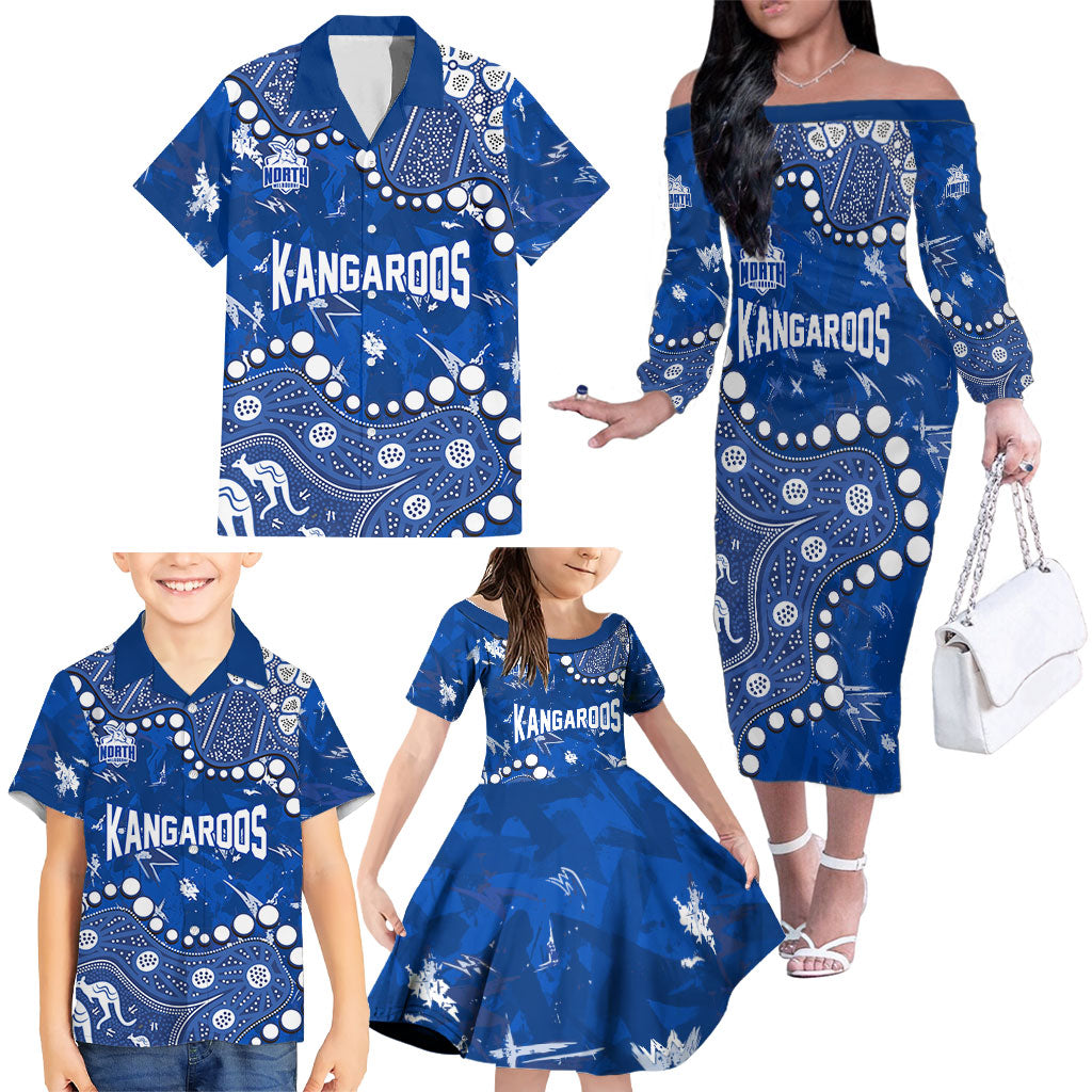 Personalized North Melbourne Kangaroos Family Matching Off The Shoulder Long Sleeve Dress and Hawaiian Shirt Aboriginal Pattern with Graffiti Style