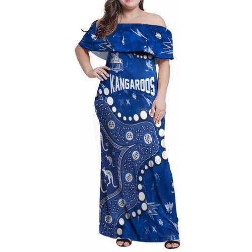 Personalized North Melbourne Kangaroos Family Matching Off Shoulder Maxi Dress and Hawaiian Shirt Aboriginal Pattern with Graffiti Style