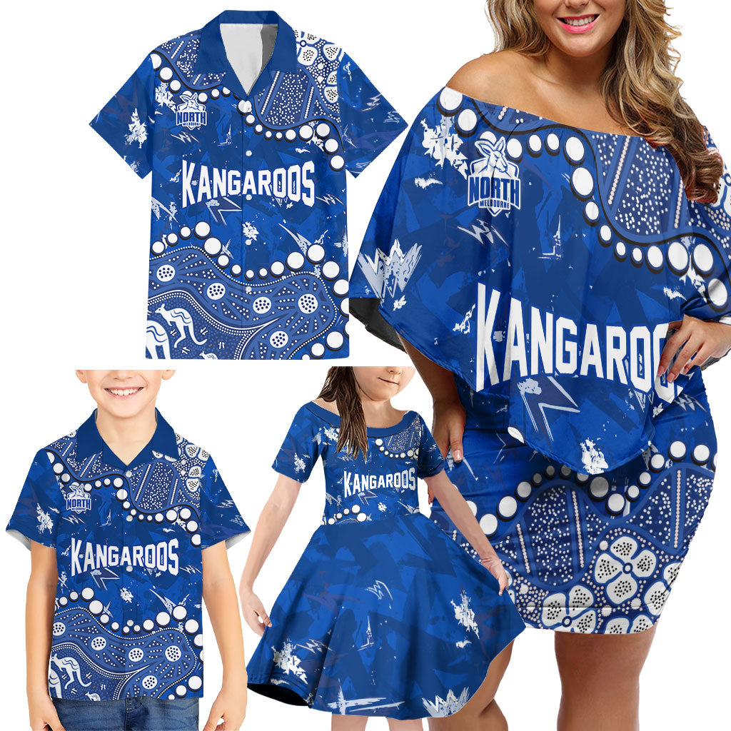 Personalized North Melbourne Kangaroos Family Matching Off Shoulder Short Dress and Hawaiian Shirt Aboriginal Pattern with Graffiti Style
