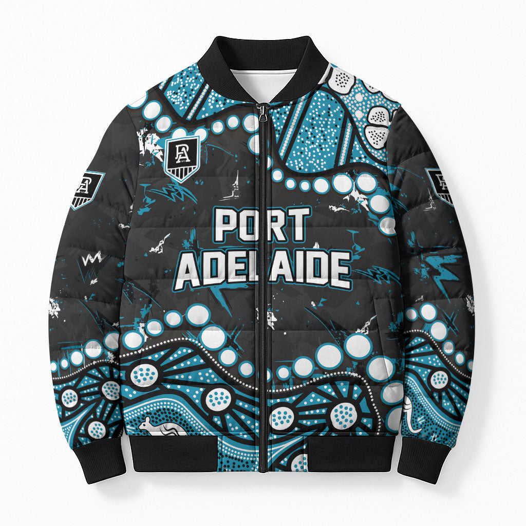 Personalized Port Adelaide Power Bomber Puffer Jacket Aboriginal Pattern with Graffiti Style