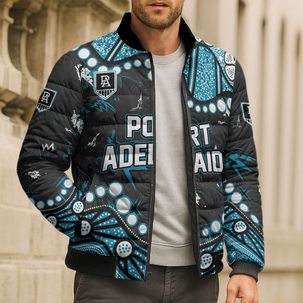 Personalized Port Adelaide Power Bomber Puffer Jacket Aboriginal Pattern with Graffiti Style