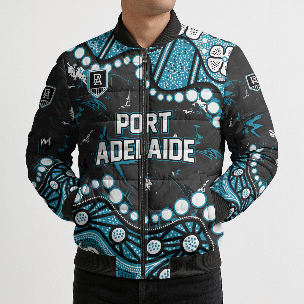 Personalized Port Adelaide Power Bomber Puffer Jacket Aboriginal Pattern with Graffiti Style