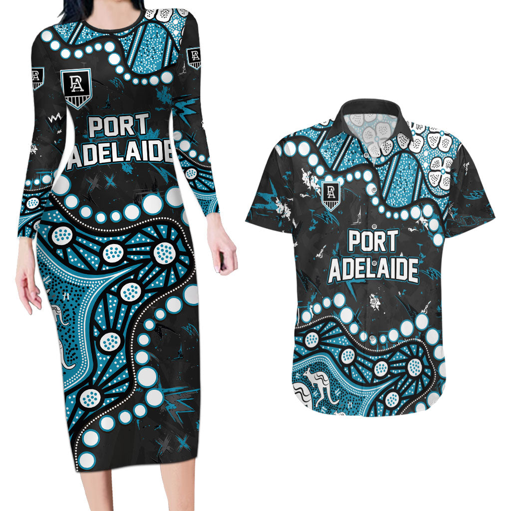Personalized Port Adelaide Power Couples Matching Long Sleeve Bodycon Dress and Hawaiian Shirt Aboriginal Pattern with Graffiti Style