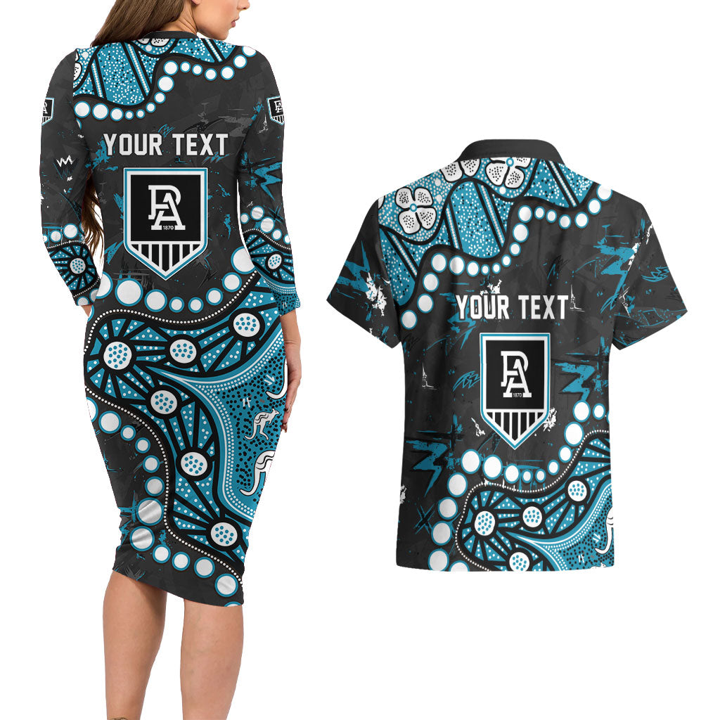 Personalized Port Adelaide Power Couples Matching Long Sleeve Bodycon Dress and Hawaiian Shirt Aboriginal Pattern with Graffiti Style
