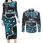 Personalized Port Adelaide Power Couples Matching Long Sleeve Bodycon Dress and Long Sleeve Button Shirt Aboriginal Pattern with Graffiti Style
