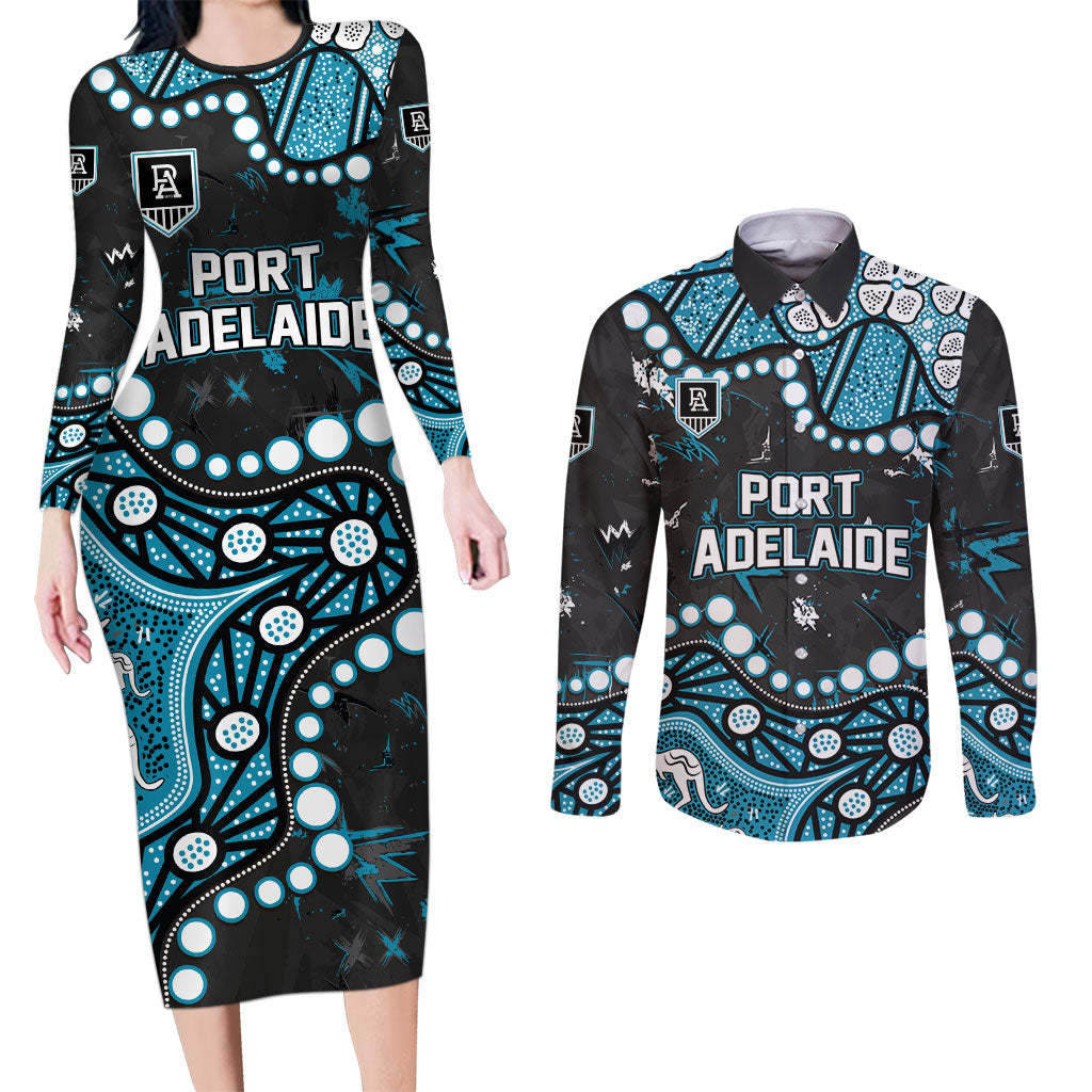 Personalized Port Adelaide Power Couples Matching Long Sleeve Bodycon Dress and Long Sleeve Button Shirt Aboriginal Pattern with Graffiti Style