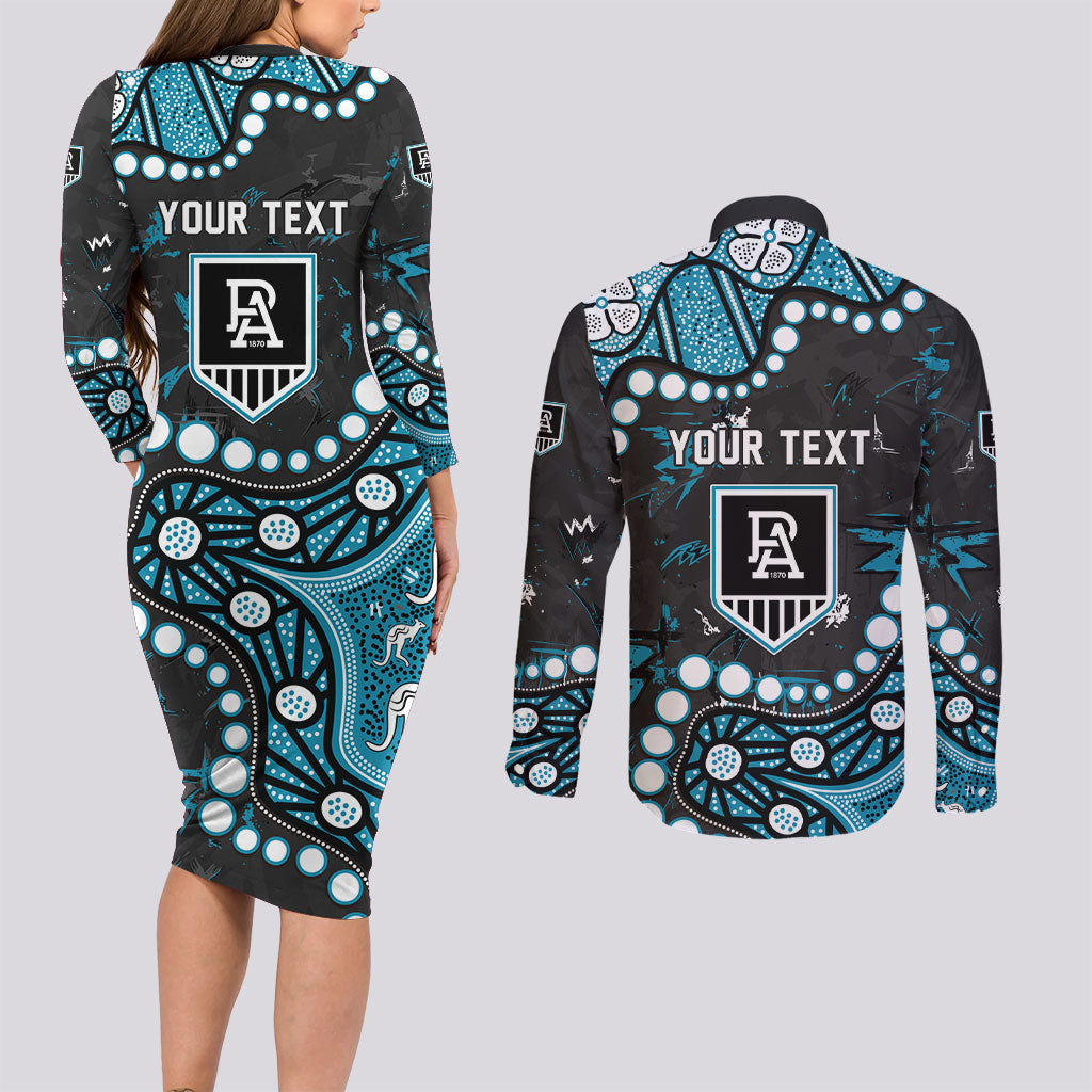 Personalized Port Adelaide Power Couples Matching Long Sleeve Bodycon Dress and Long Sleeve Button Shirt Aboriginal Pattern with Graffiti Style