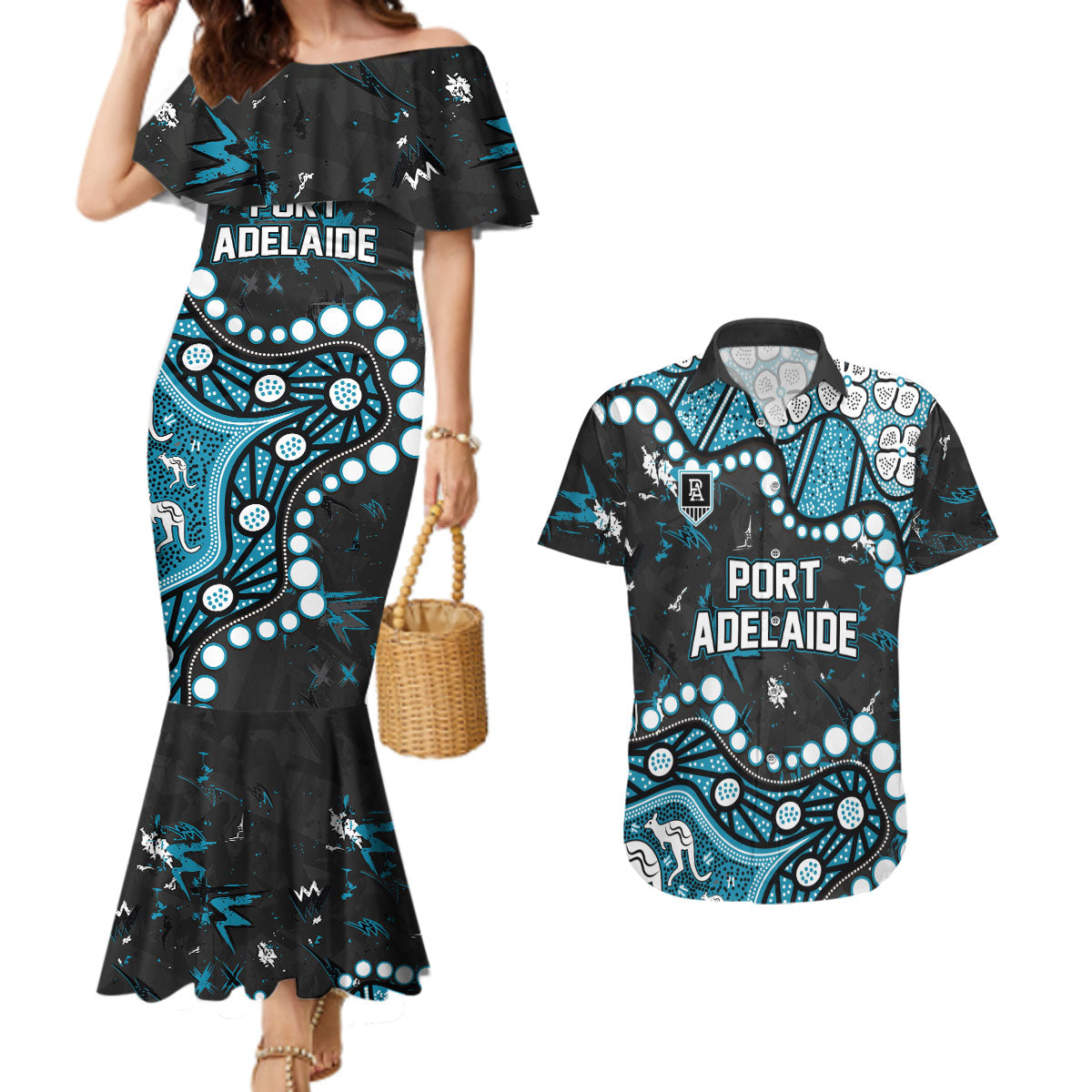 Personalized Port Adelaide Power Couples Matching Mermaid Dress and Hawaiian Shirt Aboriginal Pattern with Graffiti Style