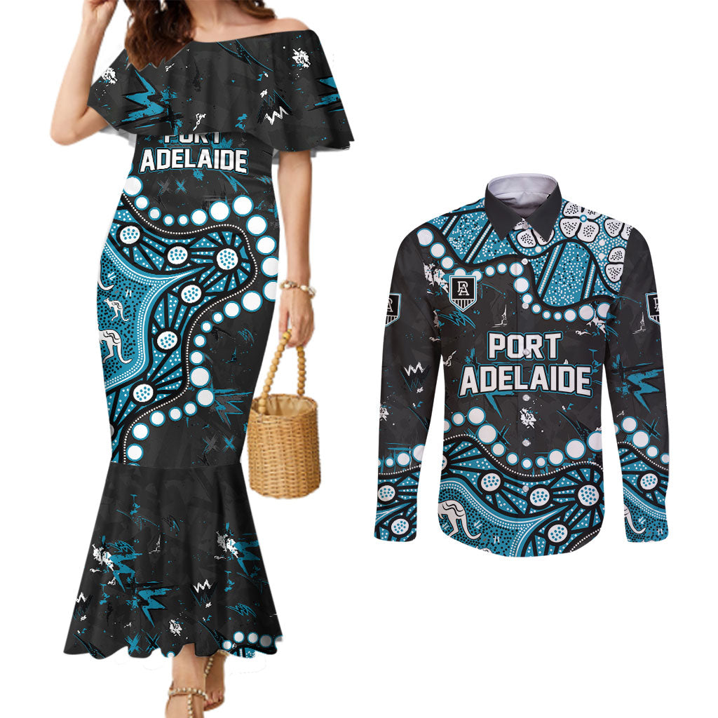 Personalized Port Adelaide Power Couples Matching Mermaid Dress and Long Sleeve Button Shirt Aboriginal Pattern with Graffiti Style