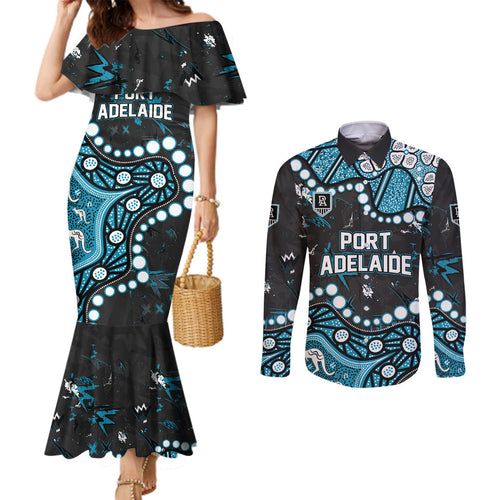 Personalized Port Adelaide Power Couples Matching Mermaid Dress and Long Sleeve Button Shirt Aboriginal Pattern with Graffiti Style