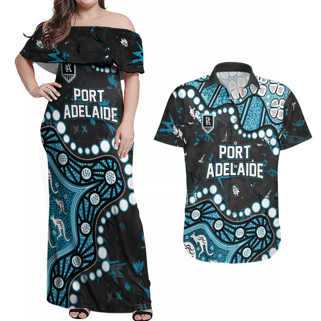 Personalized Port Adelaide Power Couples Matching Off Shoulder Maxi Dress and Hawaiian Shirt Aboriginal Pattern with Graffiti Style