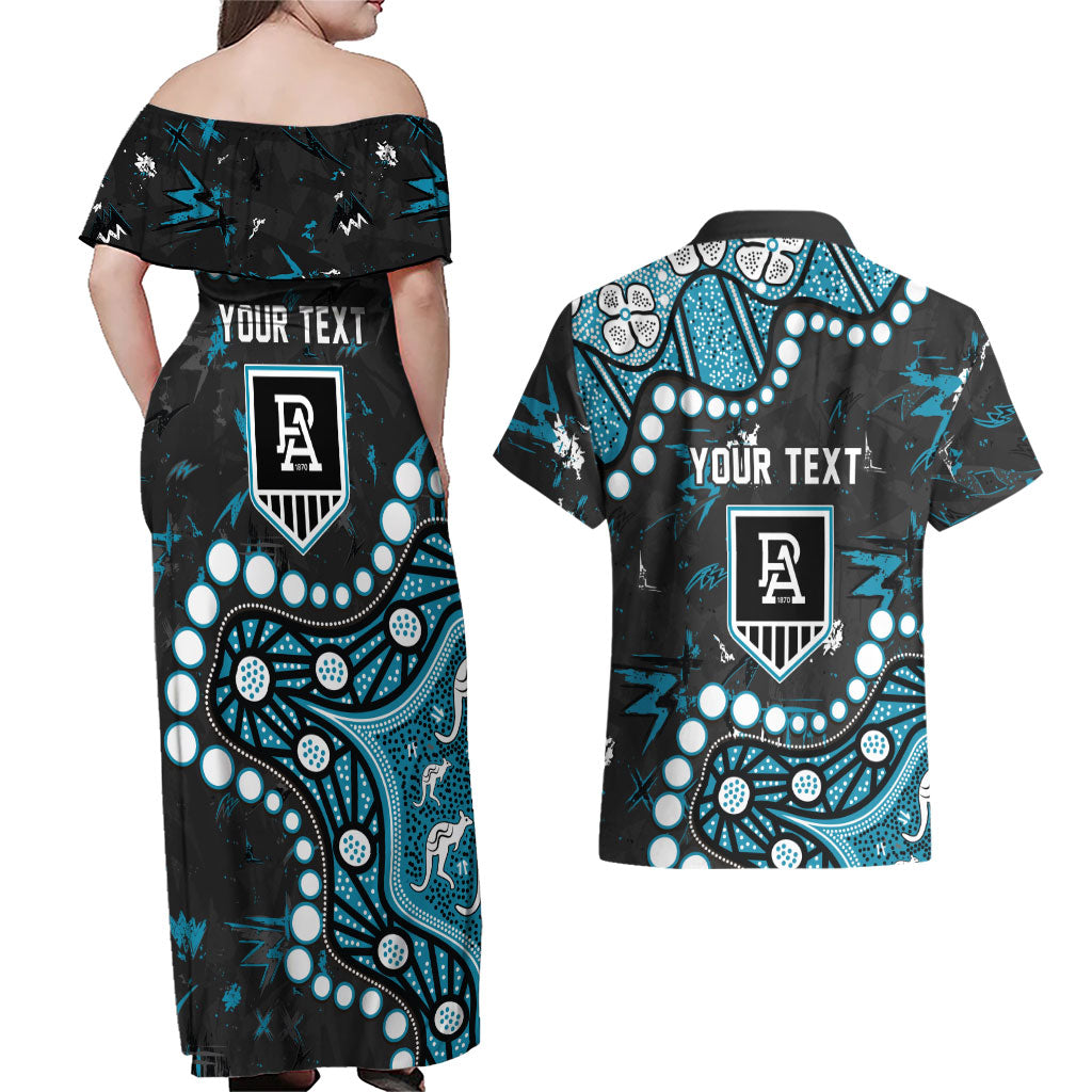 Personalized Port Adelaide Power Couples Matching Off Shoulder Maxi Dress and Hawaiian Shirt Aboriginal Pattern with Graffiti Style
