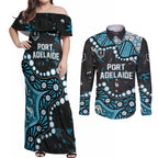 Personalized Port Adelaide Power Couples Matching Off Shoulder Maxi Dress and Long Sleeve Button Shirt Aboriginal Pattern with Graffiti Style