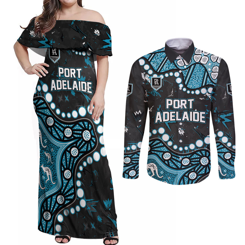 Personalized Port Adelaide Power Couples Matching Off Shoulder Maxi Dress and Long Sleeve Button Shirt Aboriginal Pattern with Graffiti Style
