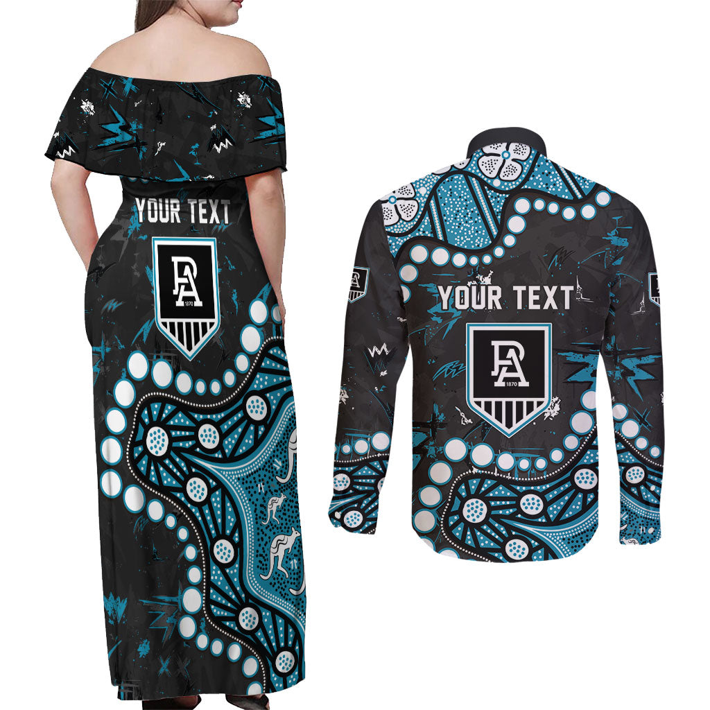Personalized Port Adelaide Power Couples Matching Off Shoulder Maxi Dress and Long Sleeve Button Shirt Aboriginal Pattern with Graffiti Style