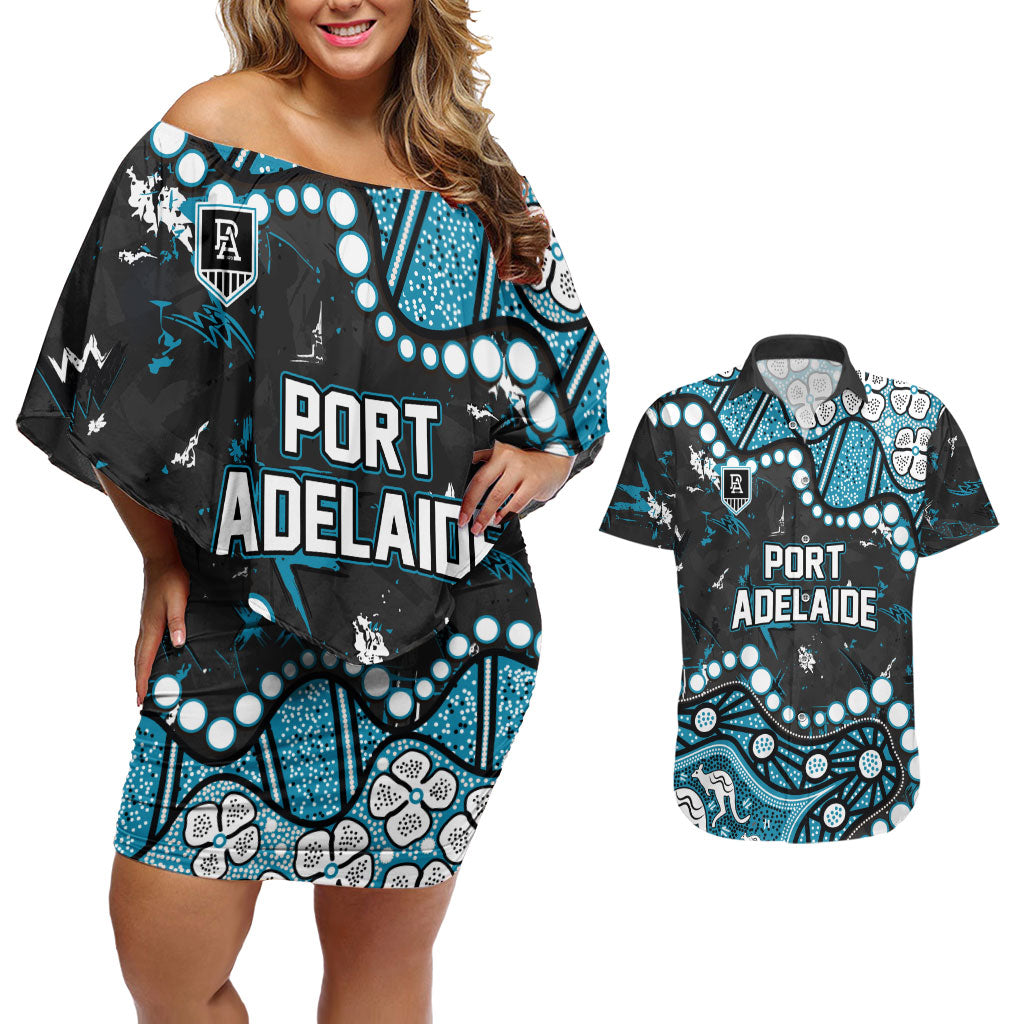 Personalized Port Adelaide Power Couples Matching Off Shoulder Short Dress and Hawaiian Shirt Aboriginal Pattern with Graffiti Style