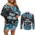 Personalized Port Adelaide Power Couples Matching Off Shoulder Short Dress and Long Sleeve Button Shirt Aboriginal Pattern with Graffiti Style