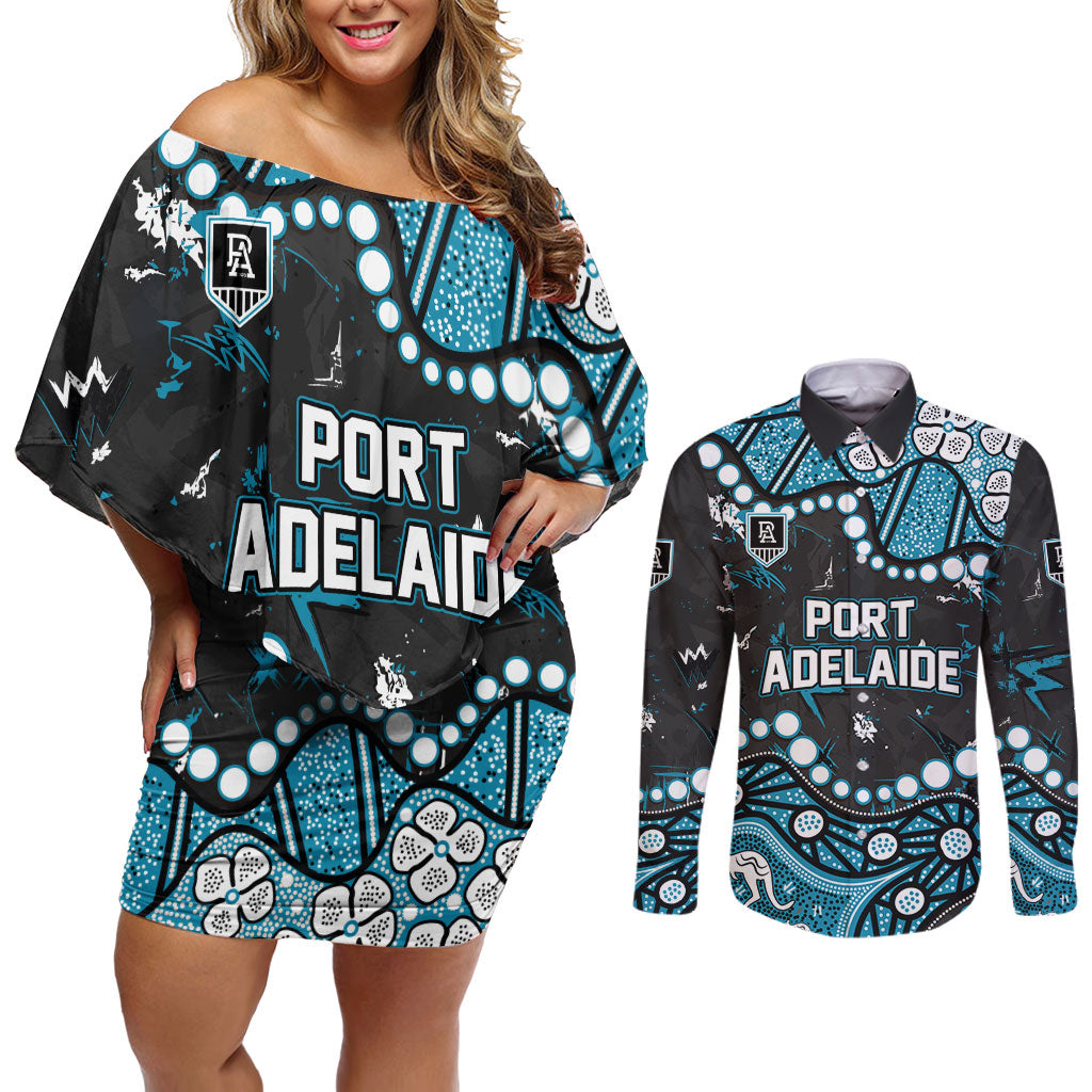 Personalized Port Adelaide Power Couples Matching Off Shoulder Short Dress and Long Sleeve Button Shirt Aboriginal Pattern with Graffiti Style