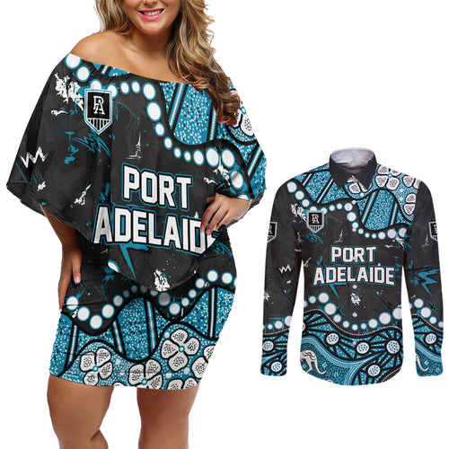 Personalized Port Adelaide Power Couples Matching Off Shoulder Short Dress and Long Sleeve Button Shirt Aboriginal Pattern with Graffiti Style