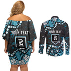 Personalized Port Adelaide Power Couples Matching Off Shoulder Short Dress and Long Sleeve Button Shirt Aboriginal Pattern with Graffiti Style