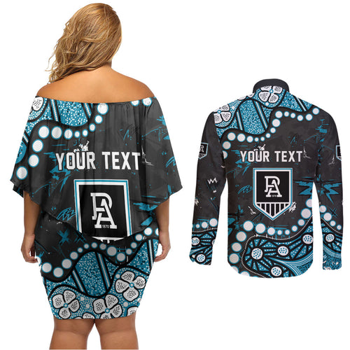 Personalized Port Adelaide Power Couples Matching Off Shoulder Short Dress and Long Sleeve Button Shirt Aboriginal Pattern with Graffiti Style