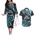 Personalized Port Adelaide Power Couples Matching Off The Shoulder Long Sleeve Dress and Hawaiian Shirt Aboriginal Pattern with Graffiti Style