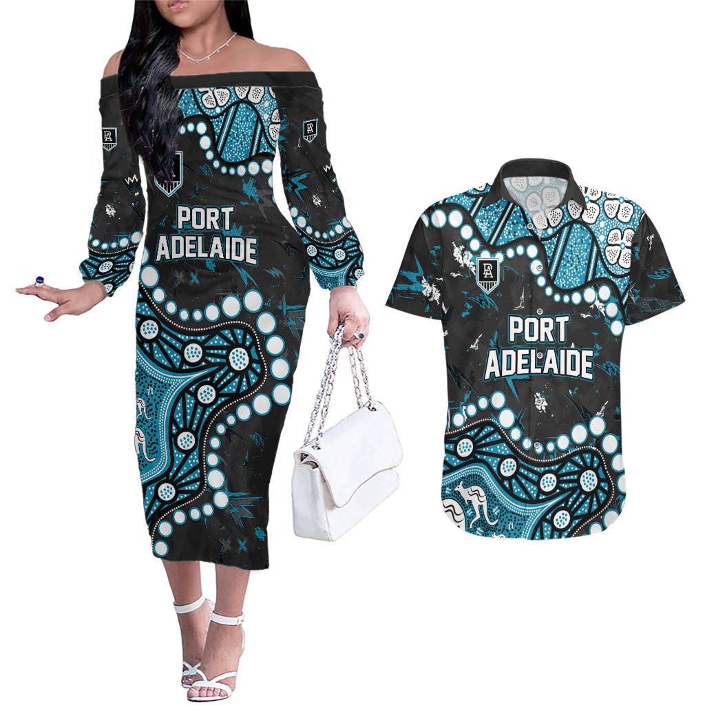 Personalized Port Adelaide Power Couples Matching Off The Shoulder Long Sleeve Dress and Hawaiian Shirt Aboriginal Pattern with Graffiti Style