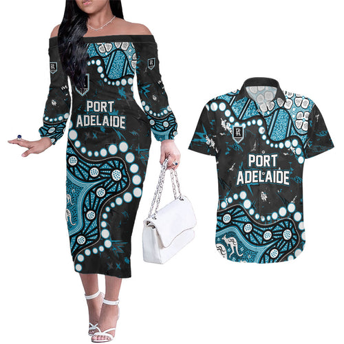 Personalized Port Adelaide Power Couples Matching Off The Shoulder Long Sleeve Dress and Hawaiian Shirt Aboriginal Pattern with Graffiti Style