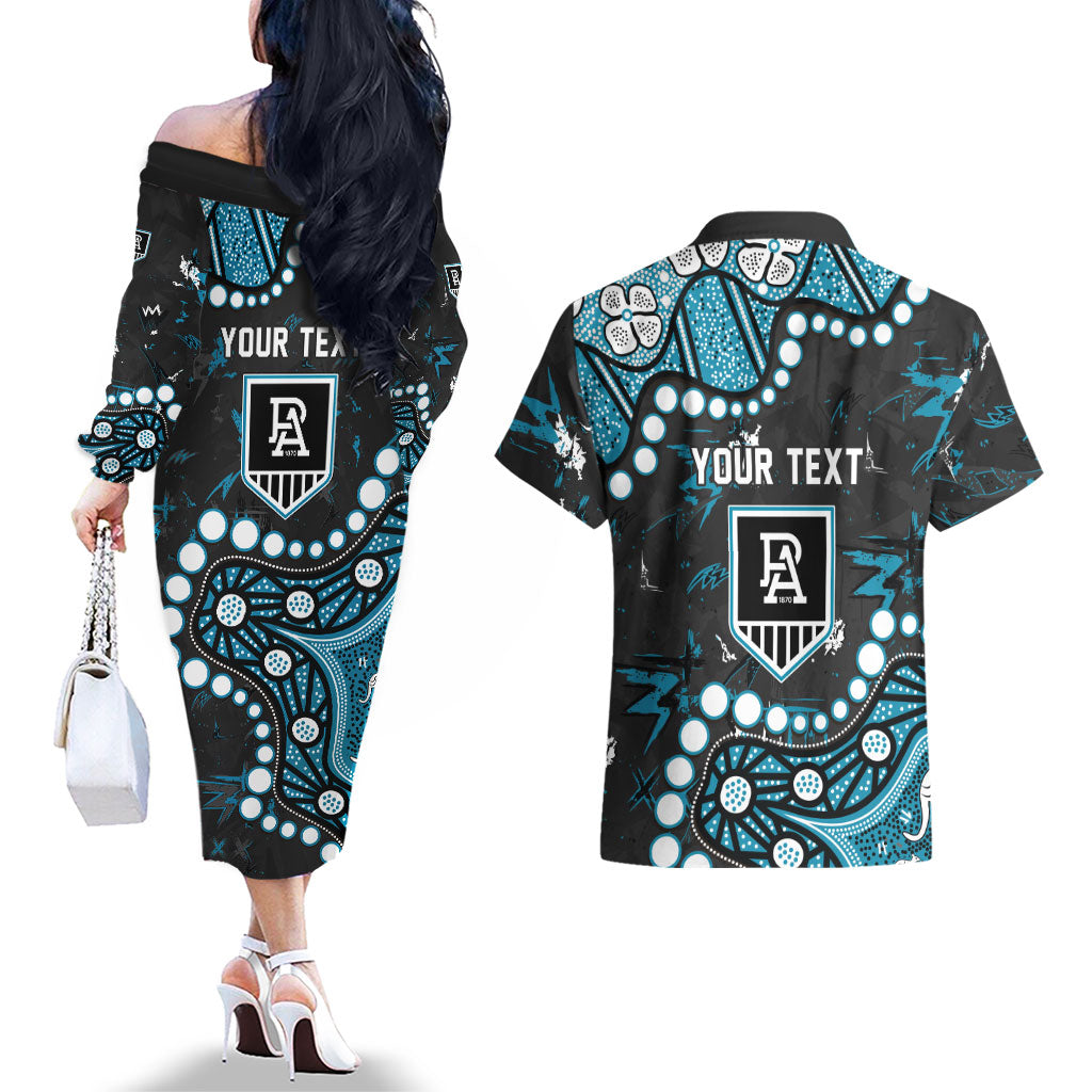 Personalized Port Adelaide Power Couples Matching Off The Shoulder Long Sleeve Dress and Hawaiian Shirt Aboriginal Pattern with Graffiti Style