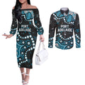 Personalized Port Adelaide Power Couples Matching Off The Shoulder Long Sleeve Dress and Long Sleeve Button Shirt Aboriginal Pattern with Graffiti Style