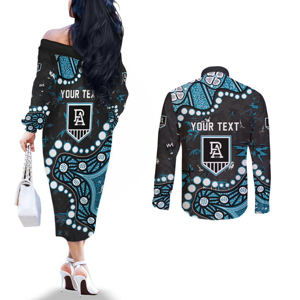 Personalized Port Adelaide Power Couples Matching Off The Shoulder Long Sleeve Dress and Long Sleeve Button Shirt Aboriginal Pattern with Graffiti Style