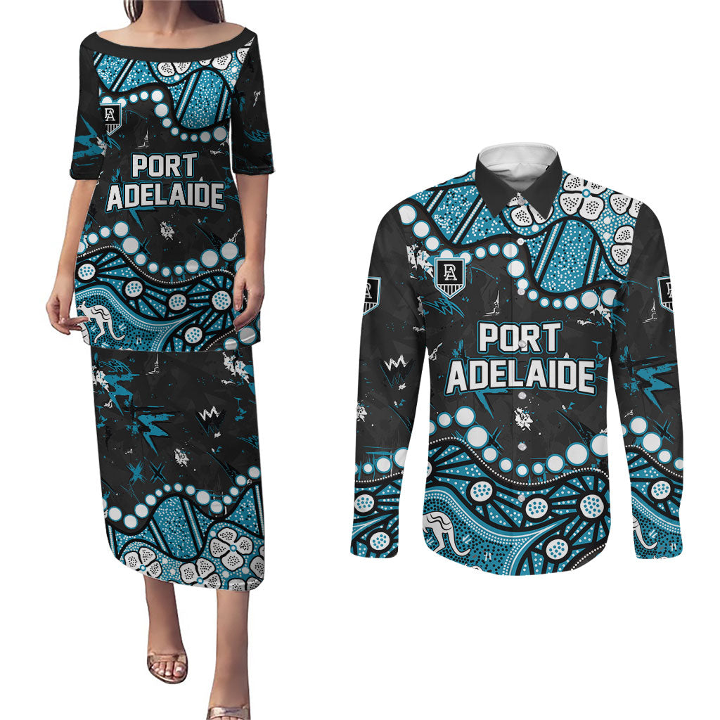 Personalized Port Adelaide Power Couples Matching Puletasi and Long Sleeve Button Shirt Aboriginal Pattern with Graffiti Style
