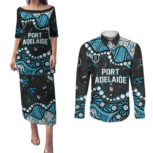 Personalized Port Adelaide Power Couples Matching Puletasi and Long Sleeve Button Shirt Aboriginal Pattern with Graffiti Style