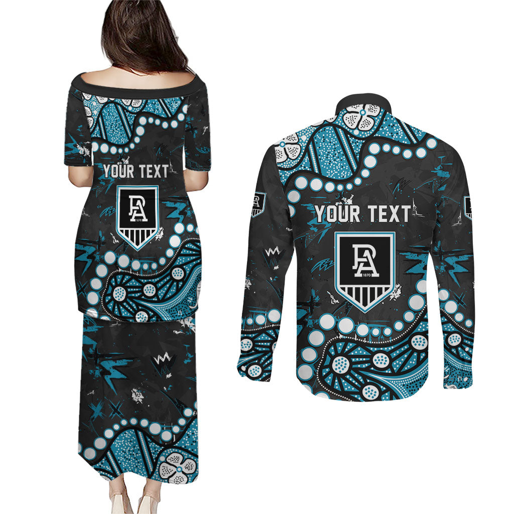 Personalized Port Adelaide Power Couples Matching Puletasi and Long Sleeve Button Shirt Aboriginal Pattern with Graffiti Style