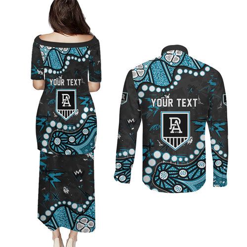 Personalized Port Adelaide Power Couples Matching Puletasi and Long Sleeve Button Shirt Aboriginal Pattern with Graffiti Style