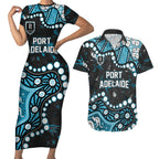 Personalized Port Adelaide Power Couples Matching Short Sleeve Bodycon Dress and Hawaiian Shirt Aboriginal Pattern with Graffiti Style