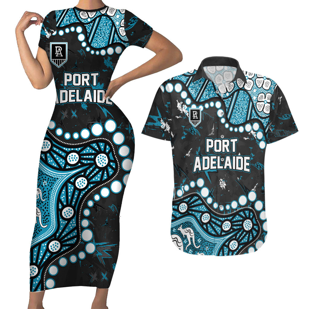 Personalized Port Adelaide Power Couples Matching Short Sleeve Bodycon Dress and Hawaiian Shirt Aboriginal Pattern with Graffiti Style