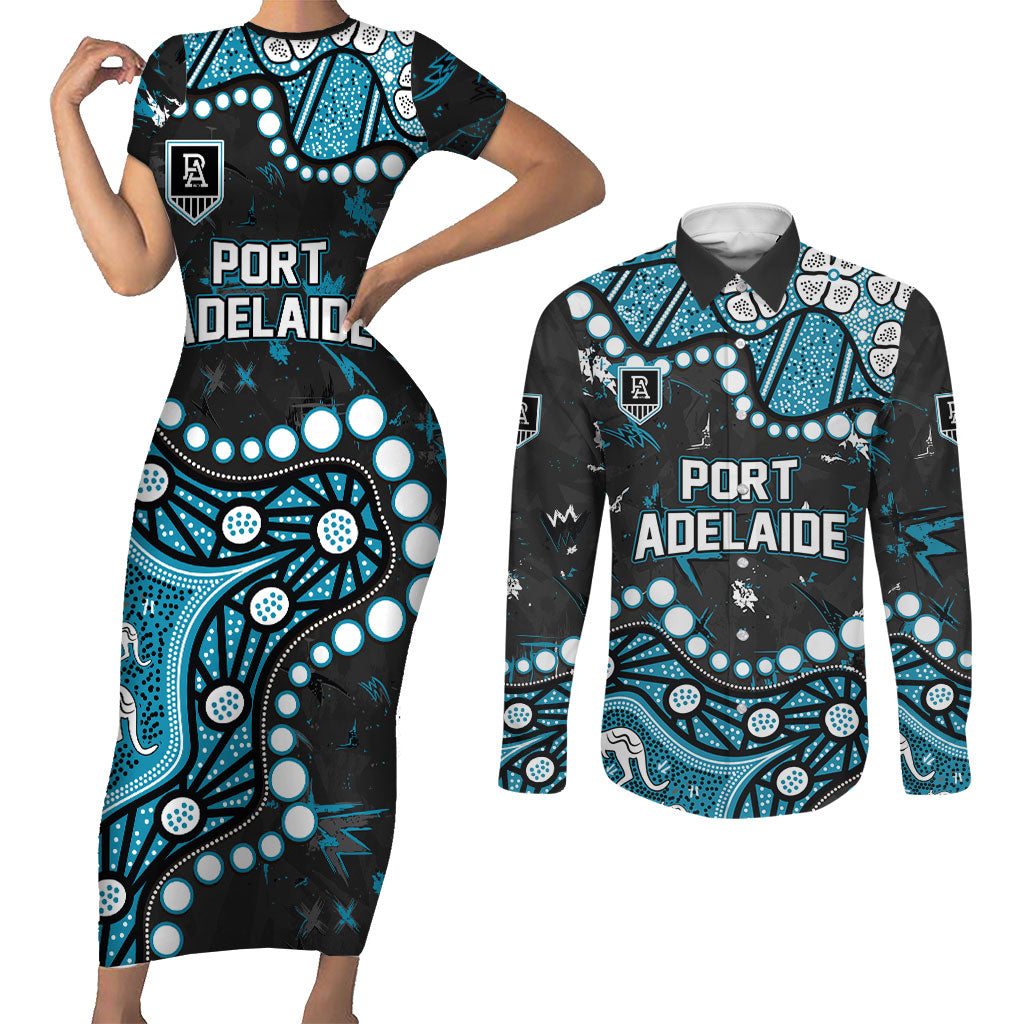 Personalized Port Adelaide Power Couples Matching Short Sleeve Bodycon Dress and Long Sleeve Button Shirt Aboriginal Pattern with Graffiti Style