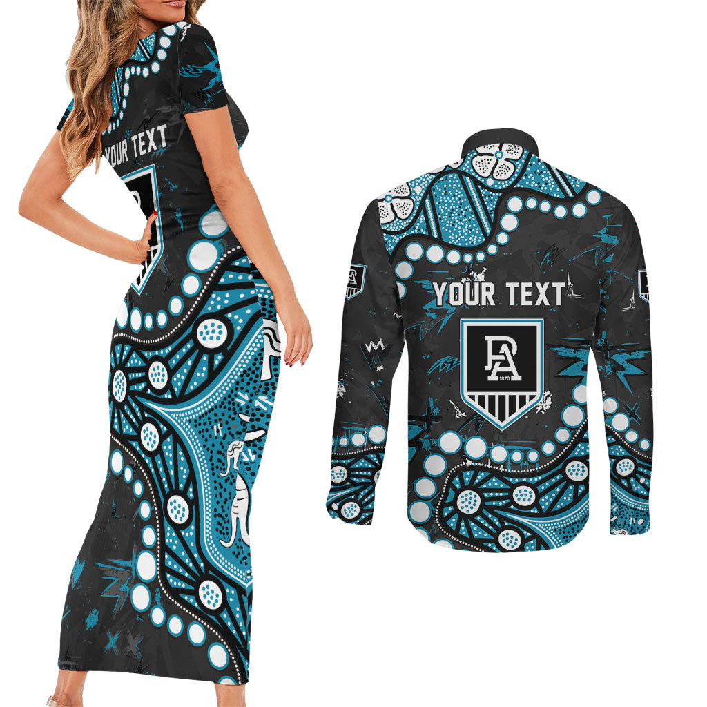 Personalized Port Adelaide Power Couples Matching Short Sleeve Bodycon Dress and Long Sleeve Button Shirt Aboriginal Pattern with Graffiti Style